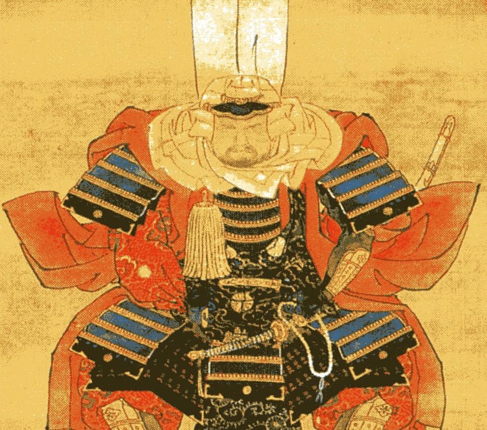붉은 진바오리 위에 검은 갑옷을 입고 칼을 찬 인물의 화상. 위에서 내려온 '나무아미타불' 명호 족자 아래쪽이 얼굴 위로 겹쳐 그려져 있다