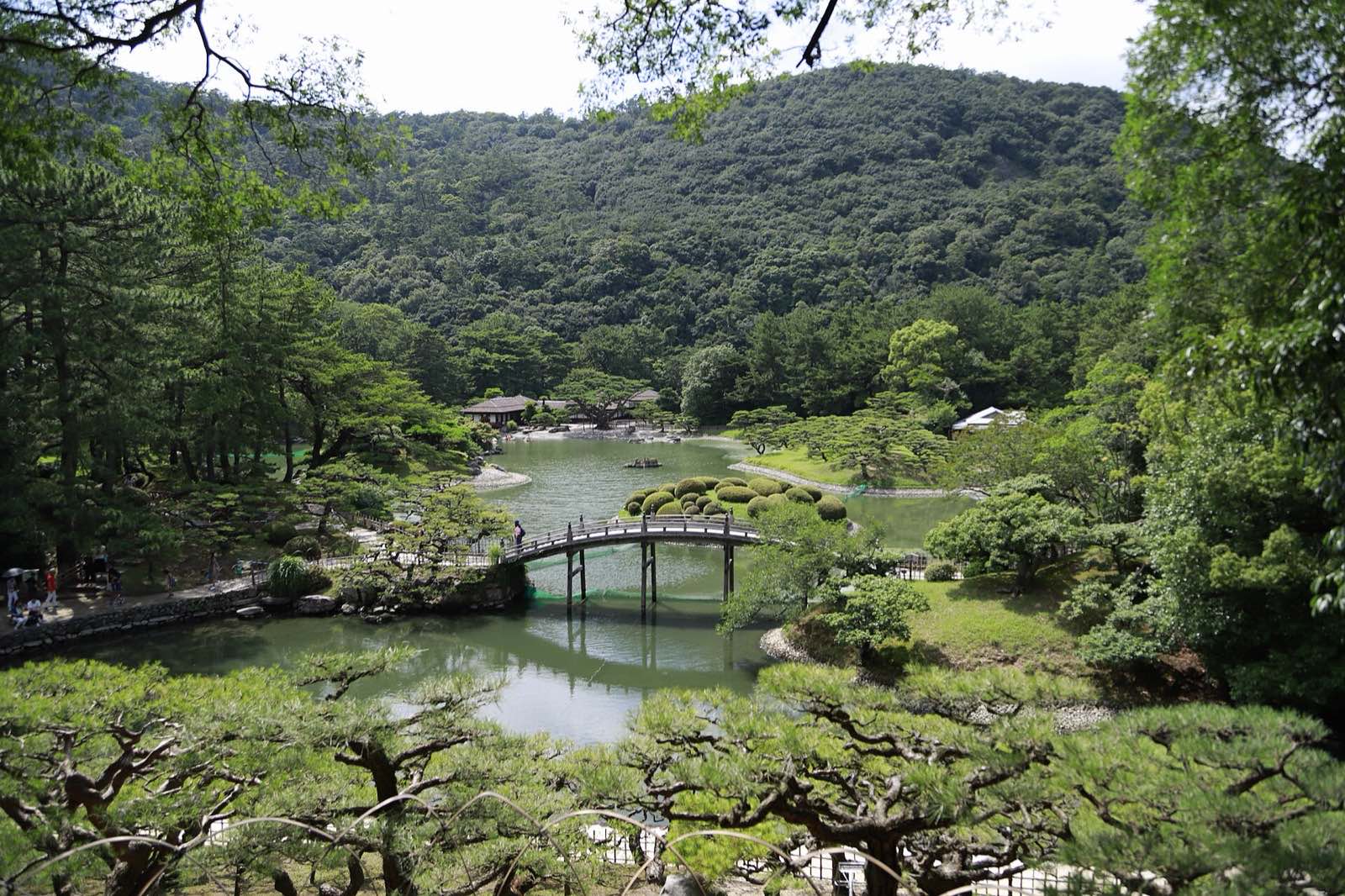 다카마쓰 번주의 별저였던 리쓰린 공원. 마쓰다이라 가문이 100년에 걸쳐 가꿔 5대 요리타카 대인 1745년에 완성한 회유식 다이묘 정원으로, 지금은 국가 특별명승이다.