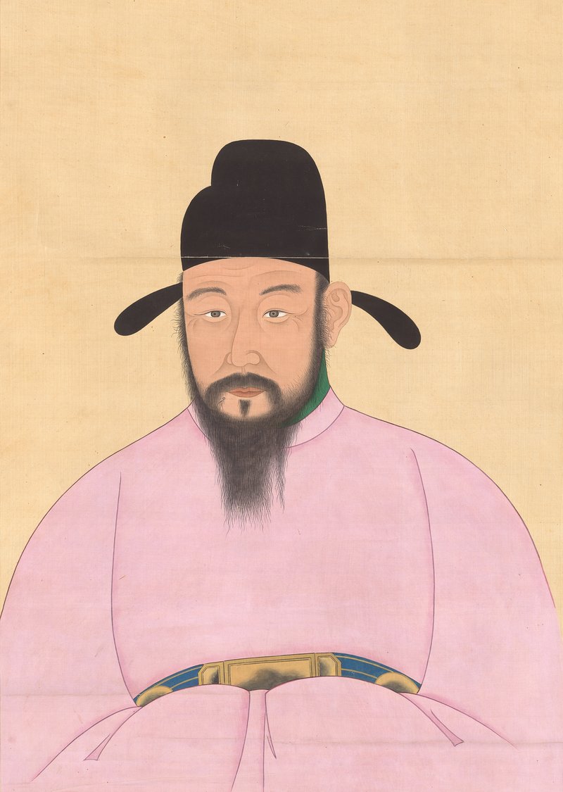 반신상으로 그린 황희 초상, 분홍색 관복과 검은 사모 차림
