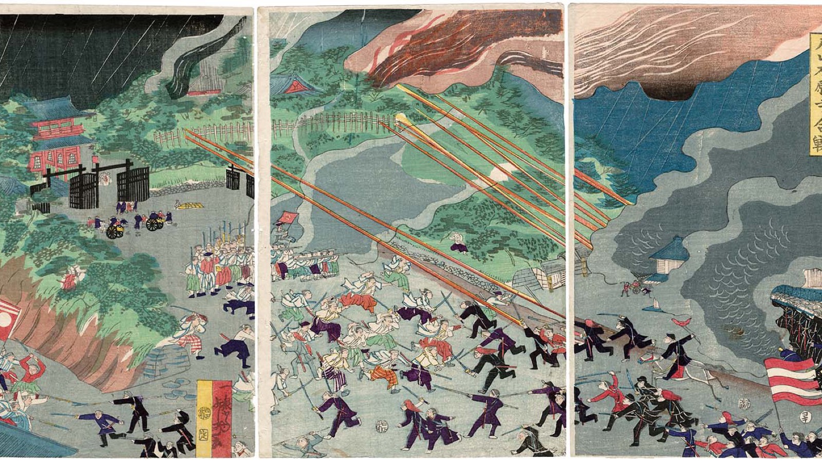1869년 우타가와 요시후지가 그린 이시야마 혼간지 전쟁 상상도 우키요에. 화염에 휩싸인 군선과 뒤엉킨 군세를 담고 있다