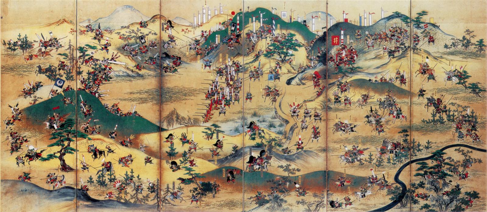 코마키·나가쿠테 합전도 병풍. 산과 들판에서 기마 무사들이 맞붙은 장면이 그려져 있다(작자 미상, 18세기, 도요타시 향토자료관 소장, 퍼블릭 도메인)