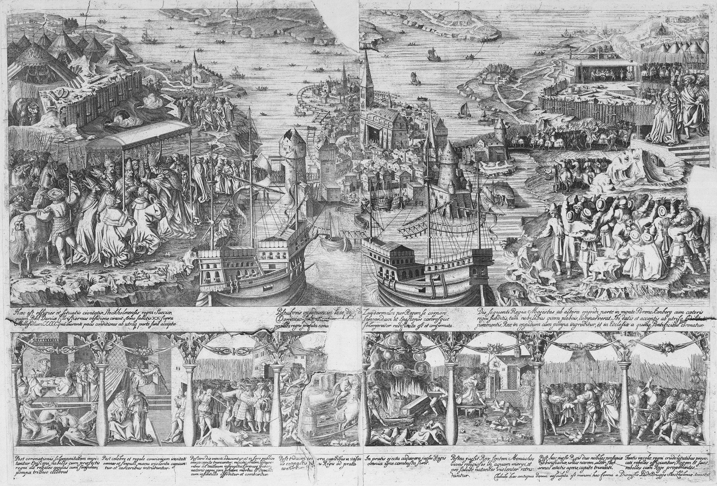 스톡홀름 피의 학살을 묘사한 판화(1676년). 1524년 목판화 원본 바탕. Wikimedia Commons (공개 도메인).
