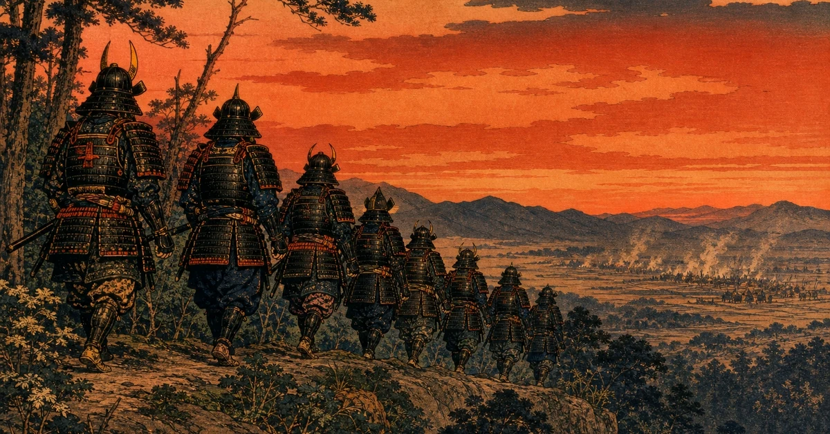 황혼의 능선을 따라 골짜기의 전장을 등지고 진군하는 무사 행렬 — 시즈가타케 이탈, 1583년 4월