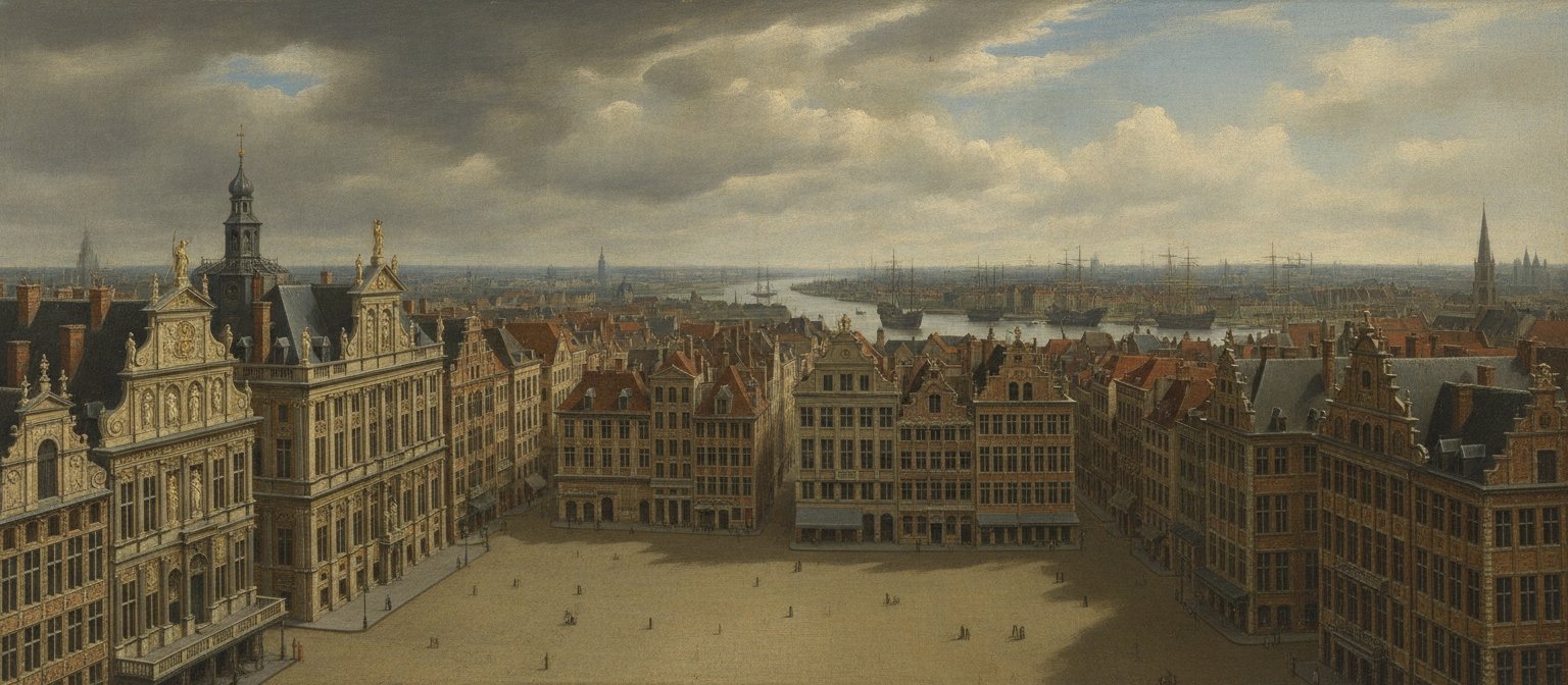 16세기 안트베르펜 그로테 마르크트(Grote Markt) 광장과 길드 하우스 전경. AI 생성 이미지.