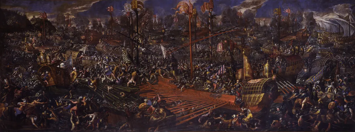 안드레아 비센티노가 1595–1603년 사이에 그린 레판토 해전. 베네치아 두칼레궁 Sala dello Scrutinio 동쪽 벽에 걸려 있다.