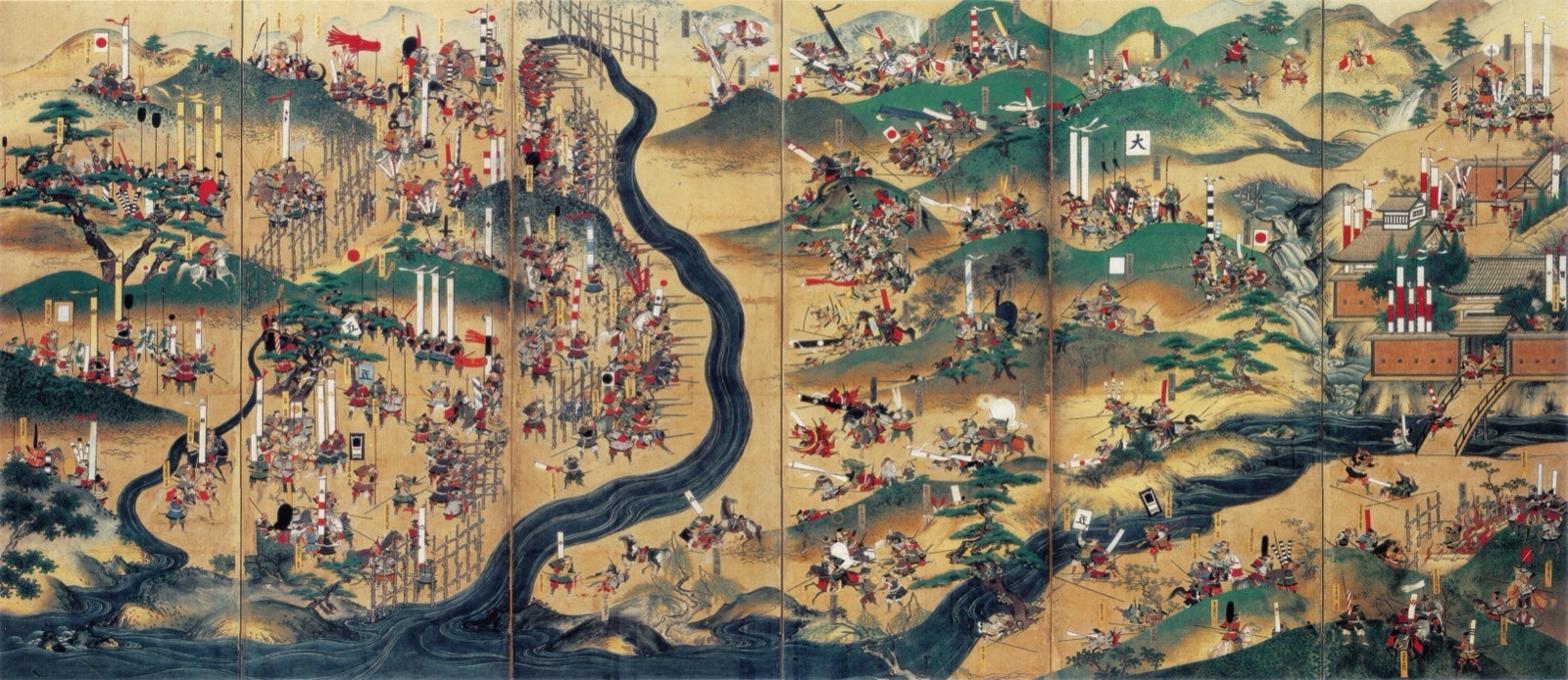 《나가시노 합전도 병풍》, 18세기 제작 6곡 1척 병풍. 왼쪽에 마방책과 오다·도쿠가와 철포대, 오른쪽에 다케다군과 나가시노성이 배치되어 있다. 도요타시립향토자료관 소장.