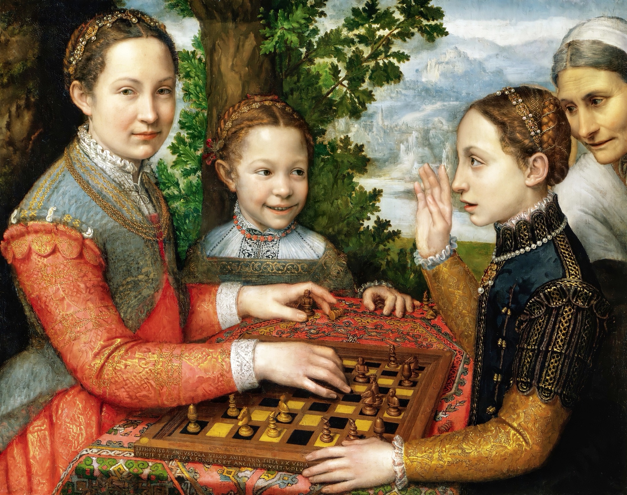 소포니스바 앙귀솔라, The Chess Game(1555), 폴란드 포즈난 국립박물관 소장. 그녀의 자매 셋과 시중 여성이 등장하는 1550년대 대표작.