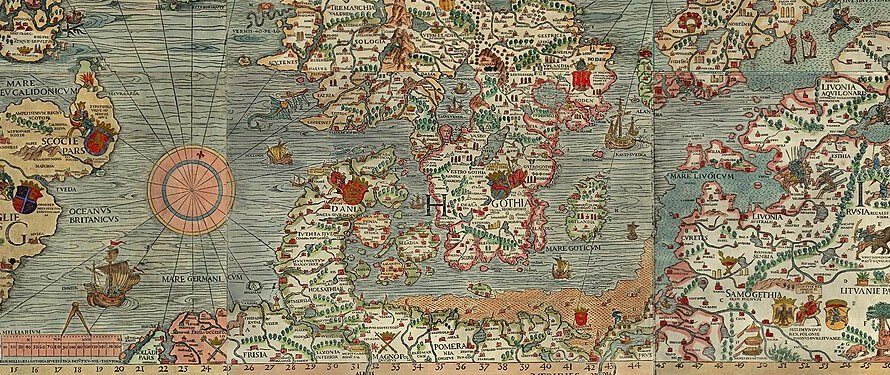 1539년 올라우스 마그누스의 카르타 마리나 부분. 덴마크와 스웨덴 사이 외레순드 해협