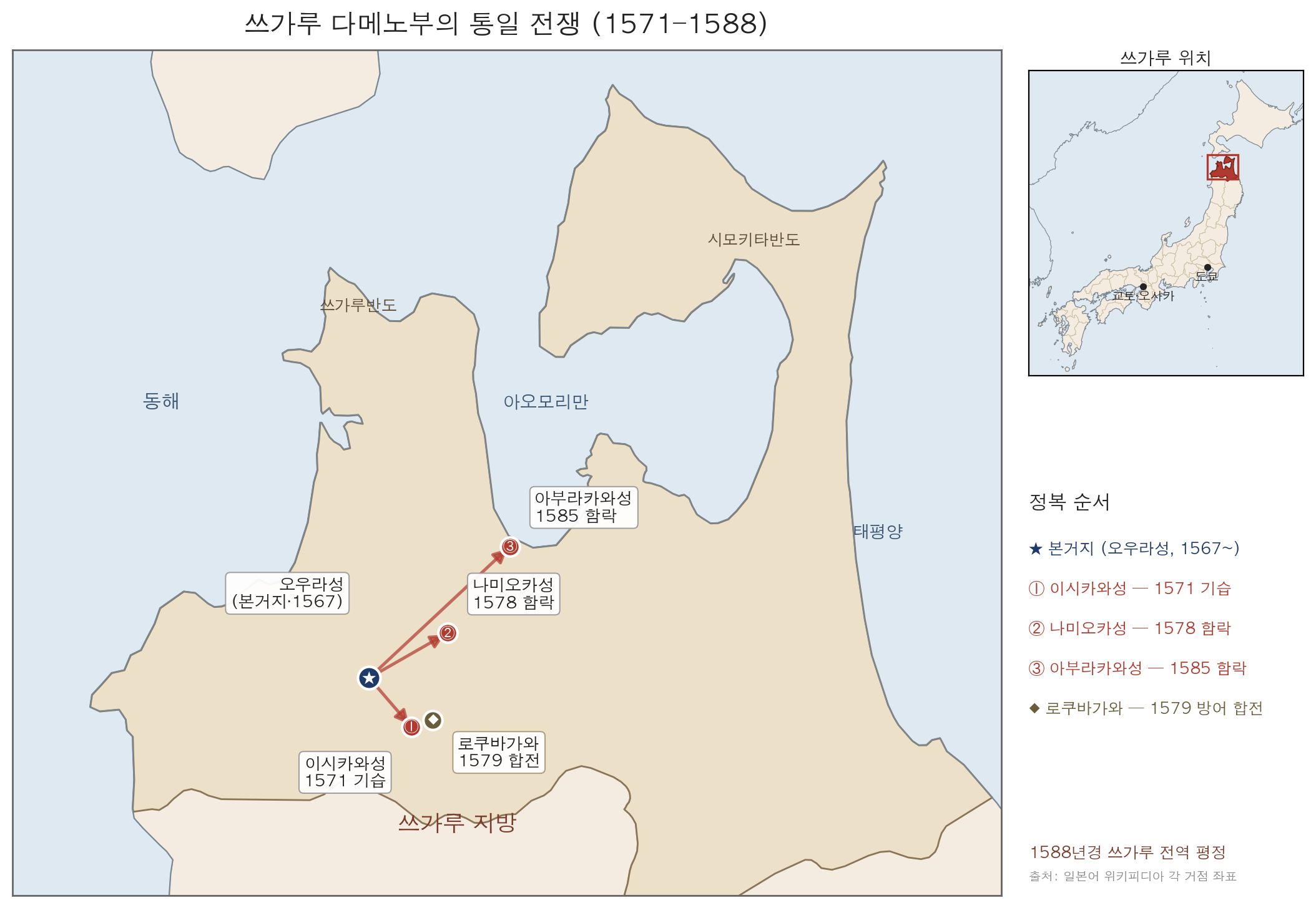 쓰가루 다메노부의 통일 전쟁 지도