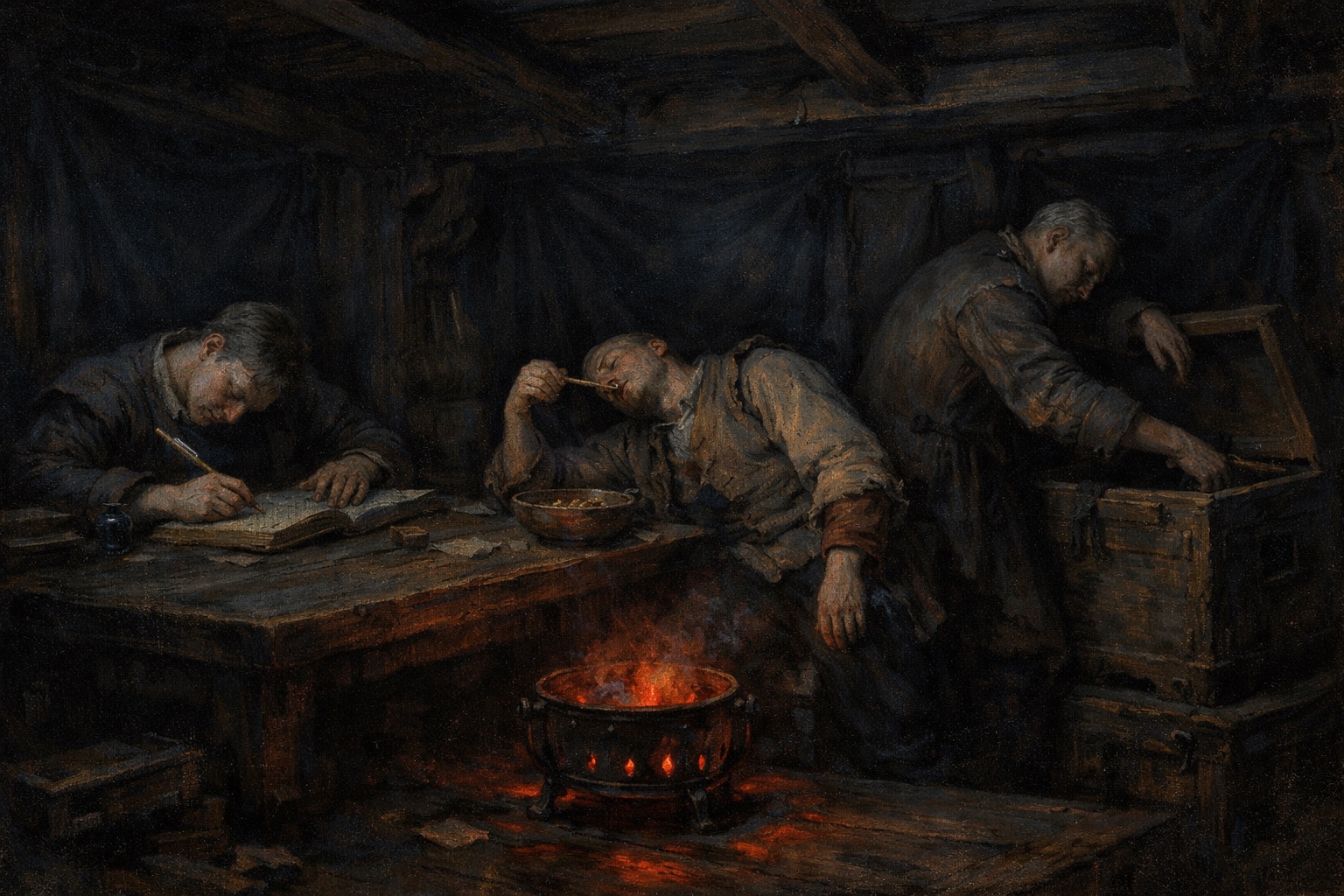 밀폐된 선실 안에서 석탄 화로 앞에 얼어붙은 선원들 — 일산화탄소 중독 재현