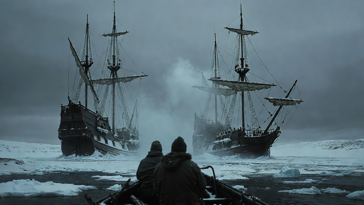 1555년 봄, 러시아 어부들이 얼음에 갇힌 두 척의 유령선을 발견한 장면
